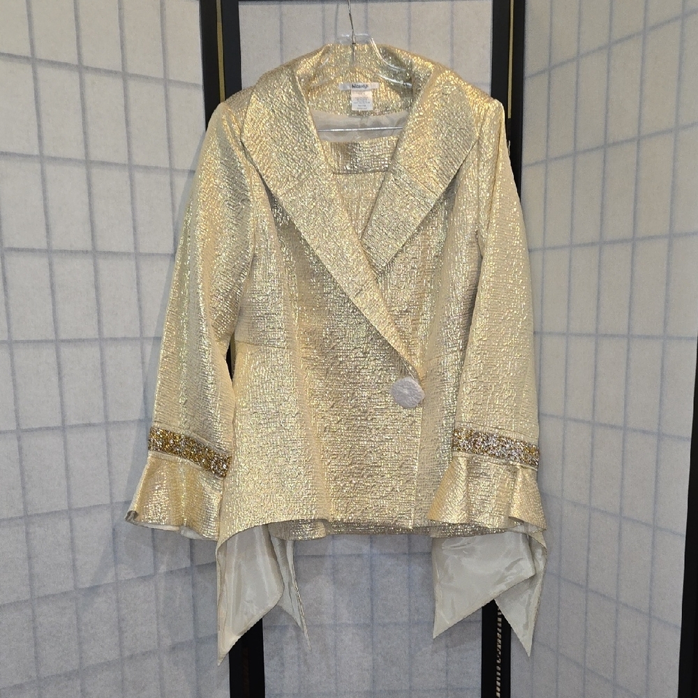 Gold Suit With Wrap  Jacket w Ruffled Cuffs and Asymmetrical Hem